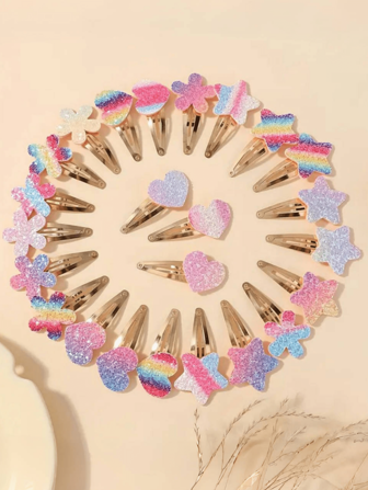 10/20pcs Rainbow Color, Brown Pentagram, Heart, Flower, Bow Glitter Hair Clips, Shiny Cartoon Water Drop Clips, Cute Kids Hair Accessories For Casual Daily Use