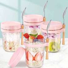 350ml New Glass Jar Water Cup With Spoon And Lid, Overnight Oat Cup Mason Sealed Glass Cup Portable Salad Cup With Lid Spoon