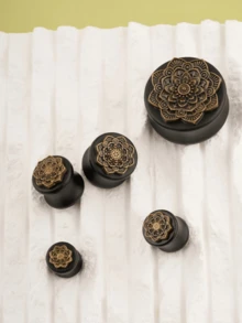 2 chiếc nút tai hình hoa sen gỗ cổ điển - Mở rộng tai - Xem 2