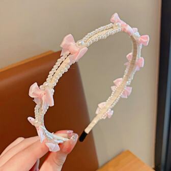 1PC轻奢小香风珍珠发箍温柔珍珠蝴蝶结发箍甜美法式头箍高骷髅头出门百搭头箍头饰发箍发箍