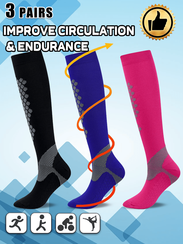 3 Pairs Knee High Compression Socks For Men & Women, Solid Color Sporty Athletic Socks - Breathable, Moisture Wicking, Comfortable Fit For Running, Gym, Travel, Hiking