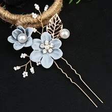 Bộ 4 chiếc lược cài tóc hình lá kim loại mạ vàng dành cho nữ, kẹp tóc hoa bằng vải, phụ kiện tóc đính ngọc trai và đá quý, trang trí đám cưới cô dâu, phụ kiện ngày Valentine. - Màu xanh lam - Xem 5