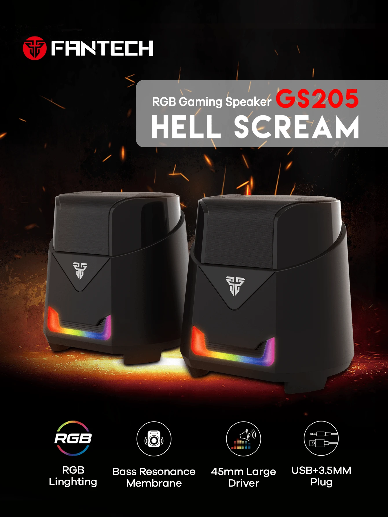 FANTECH 电脑扬声器，带低音炮的迷你 PC 扬声器，带 RGB 灯的 2.1 桌面扬声器，USB 供电，立体声，带 3.5 毫米辅助电缆的游戏扬声器，适用于显示器/笔记本电脑/平板电脑，1 套（2 个扬声器）