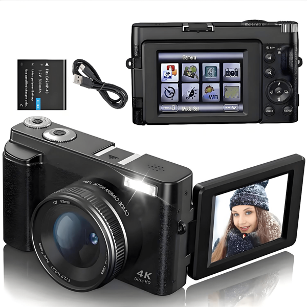 Cámara digital 4K para fotografía y video con enfoque automático, anti-vibración, 48MP, cámara compacta para vlogging con pantalla de 3'' que se puede girar 180° y con flash