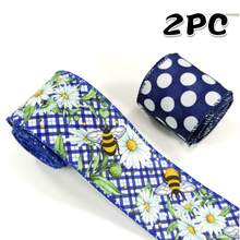2 Rolls Floral Ribbon 2.5 Inches, Blue Daisy Floral And Bee Burlap Ribbon Gingham Polka Dot Print, For Spring Crafts Gift Wrapping Wreath Bow Decoration - Multicolor - View 1