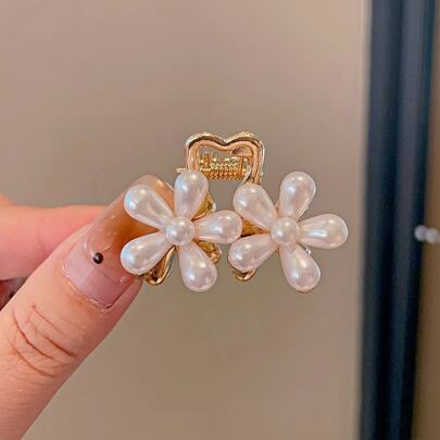 仿珍珠花朵发夹，简约刘海夹，精致侧边装饰爪夹，优雅百搭发饰，发夹，发卡，发夹，发抓夹，秋冬女士度假装扮爪夹