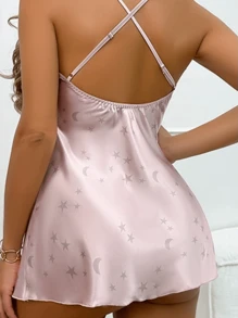 Sexy Star Print Satin Strapless Sleeping Dress With Exposed Back, Woven Polyester Adult Robe For All Seasons