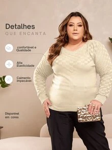 Plus Size Women's Elegant Cold Weather Knit Winter Blouse - Màu be - Xem 4