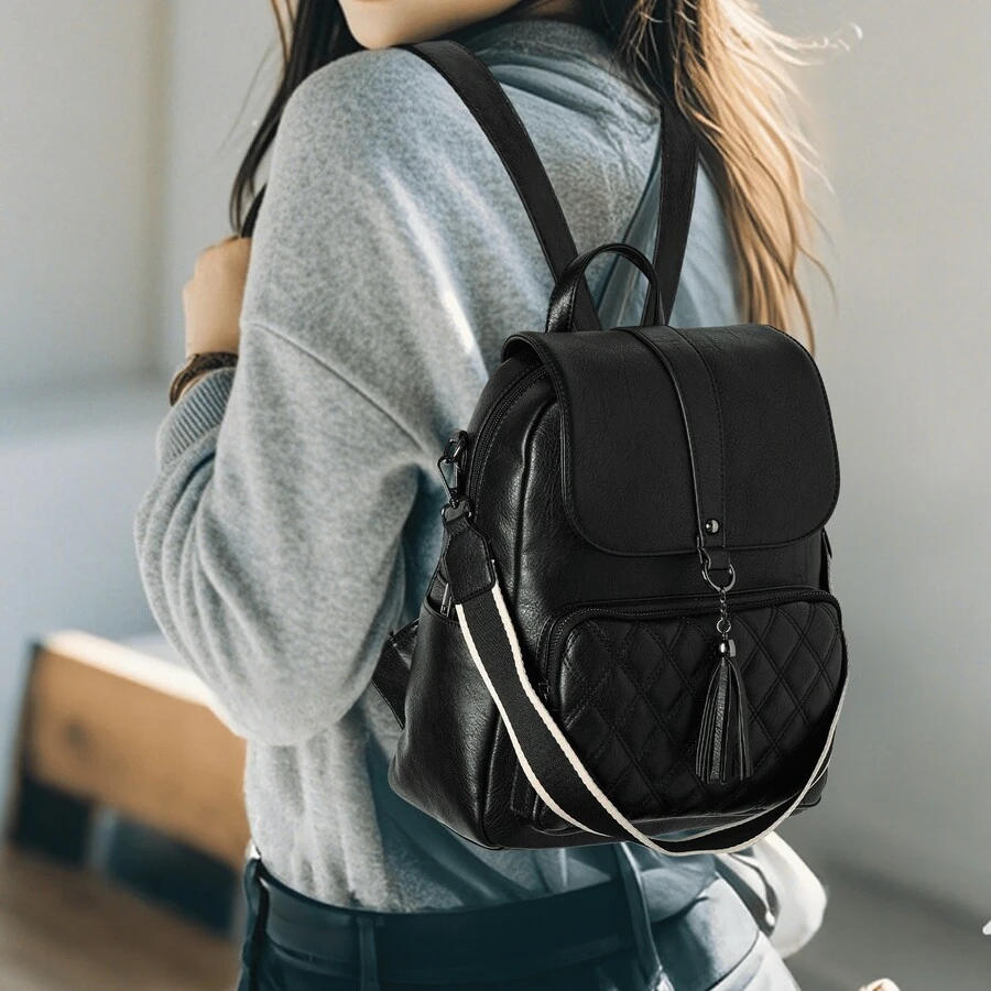 VASCHY Backpack Purse For Women Fashion Anti-Theft PU Leather Backpack Shoulder Bag Convertible 2 Ways For Travel Work, School Backpack - Black - View 1