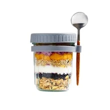 350ml New Glass Jar Water Cup With Spoon And Lid, Overnight Oat Cup Mason Sealed Glass Cup Portable Salad Cup With Lid Spoon