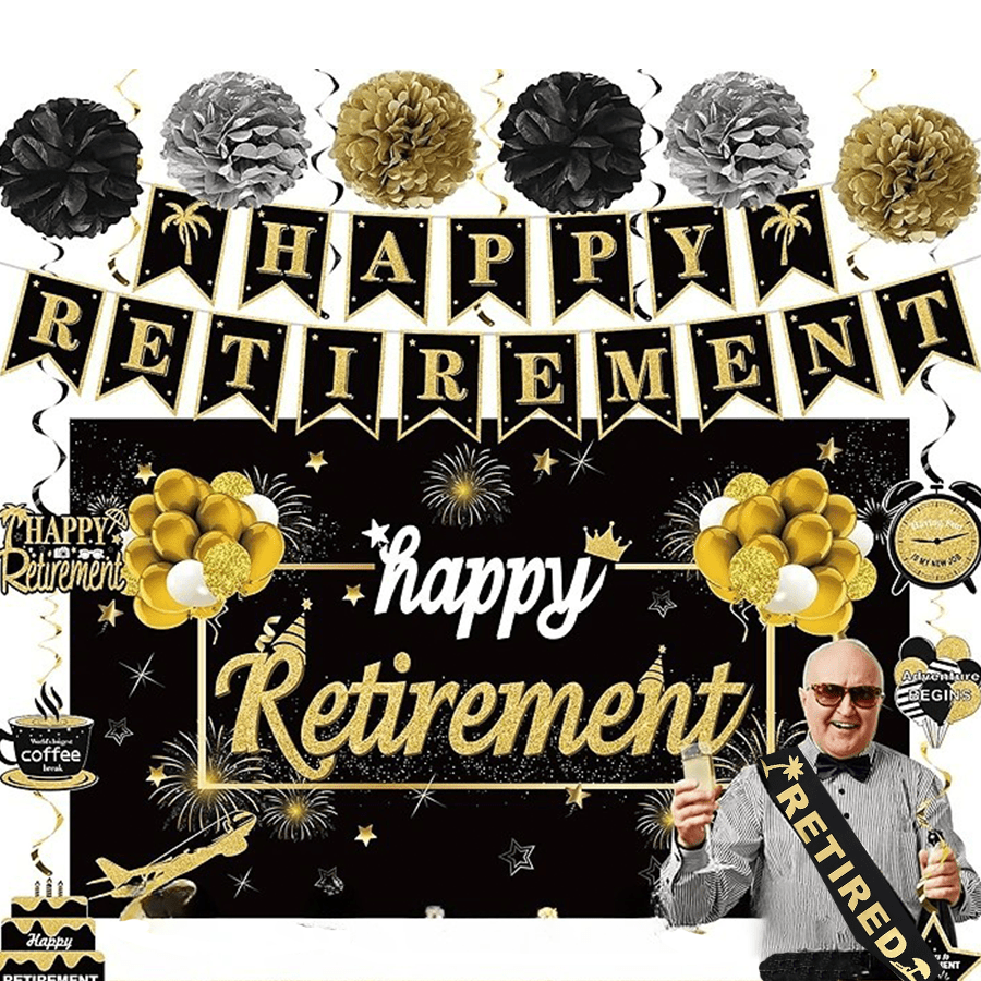 Happy Retirement Party Decorations Kit For Men Women, Black Gold Retirement Banner Balloon Swirl Paper Pompom Party Supplies, Retired Sash Table Topper Swirls Set, Lulu Easter Decor