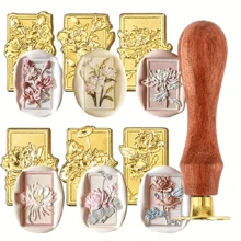 Set de ștampile din metal din 6 bucăți cu ceară florală cu 1 mâner detasabil din lemn - vintage și elegant, perfect pentru invitații de nuntă, petreceri de aniversare și împachetare cadouri