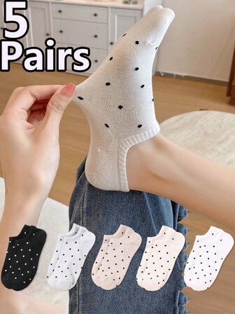 5双黑色波点袜子女短袜夏季薄款休闲时尚浅口夏季短袜船袜