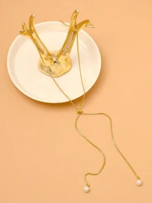 1pc 18K Gold Plated Stainless Steel Box Chain With White Faux Pearl Pendant, Adjustable Necklace, Fashionable And Sexy For Wedding, Engagement, Daily Wear - Gold - View 2