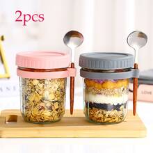 350ml New Glass Jar Water Cup With Spoon And Lid, Overnight Oat Cup Mason Sealed Glass Cup Portable Salad Cup With Lid Spoon