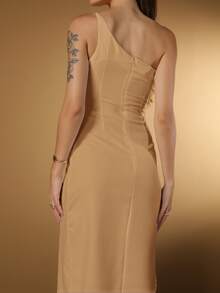 LXC Women's White One Shoulder Long Bridesmaid Dress With Side Slit - Khaki - View 3