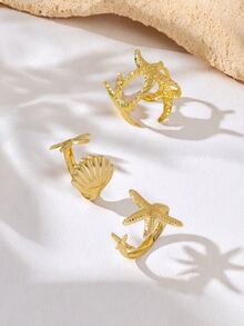3 件套金属海洋主题时尚戒指，贝壳和海星设计，可调节开口戒指，适合女士，夏季海滩度假手饰 - 金色 - 查看 2