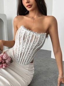 Elegante parte superior de corpiño con estampado floral y encaje con volantes en el borde, diseño de corsé ajustado con botones a presión