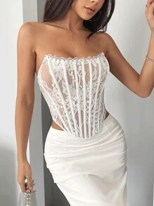 Elegante parte superior de corpiño con estampado floral y encaje con volantes en el borde, diseño de corsé ajustado con botones a presión