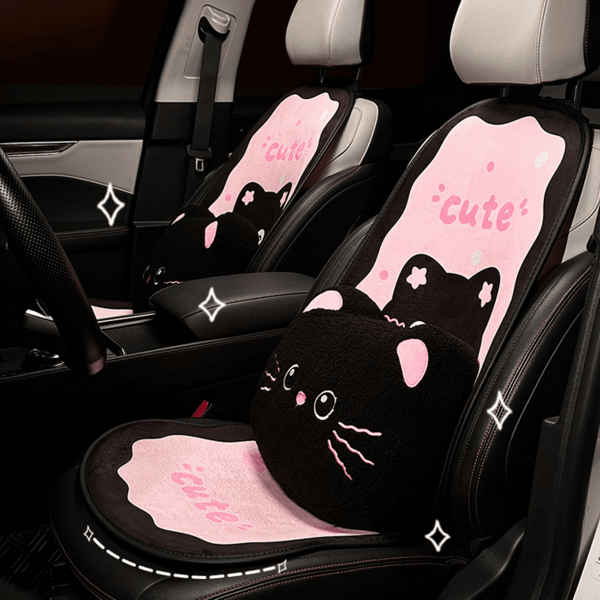 Coussin de voiture mignon avec chat mignon et nœud papillon à la mode. Coussin de siège de voiture antidérapant, oreiller de dossier de voiture chaud et moelleux pour l'hiver