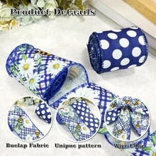 2 Rolls Floral Ribbon 2.5 Inches, Blue Daisy Floral And Bee Burlap Ribbon Gingham Polka Dot Print, For Spring Crafts Gift Wrapping Wreath Bow Decoration - Multicolor - View 9