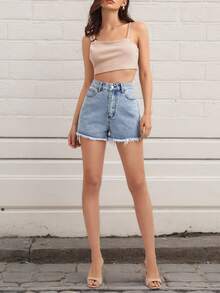 Shorts vaqueros básicos y versátiles de estilo clásico, Shorts vaqueros casuales con bordes sin rematar para mujer, primavera y verano - Azul - Ver 5