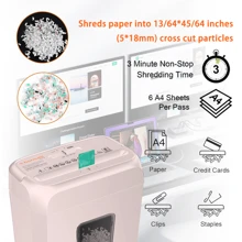 Bonsaii Pink Shredder, Compact For Office, Cross-Cut 6 Sheets, Security Shredding, Shreds Cards & Mail, 3.4-Gallon Bin
