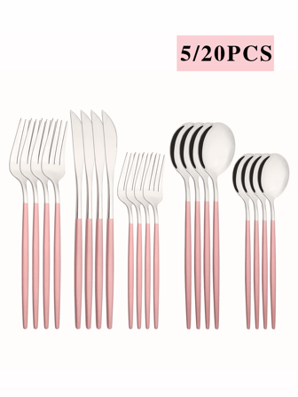 5/20 件套不锈钢餐具套装，带粉色手柄，适用于家庭厨房、餐厅、派对、婚礼