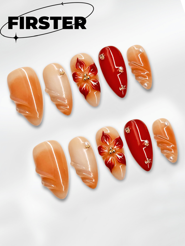 10pcs Pure Handmade Nail Art, Almond-Shaped Passionate Nails, Gradient Orange Three-Dimensional Flower Design Nails, Dripping Glue Decorative Nail Art, Punk Nails, Y2k Style, Cool, Sweet And Cute Cartoon Elegant Luxury Simple Nails, Fresh Spring, Summer Nails, Holiday Nails, Cute Sweet Nails Press-On False Nails, Daily Nails Holiday Nails, Office Nails Suitable For Women Travel Parties Dating.