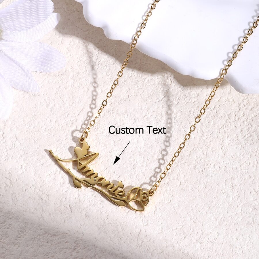1pc Personalized Floral Name Necklace, Gold/Silver Rose Flower Custom Name Necklace, Proof Of Love, Wedding Gift, For Lover, Parents, Friends, Bestie, Christmas Gift - Gold - View 1