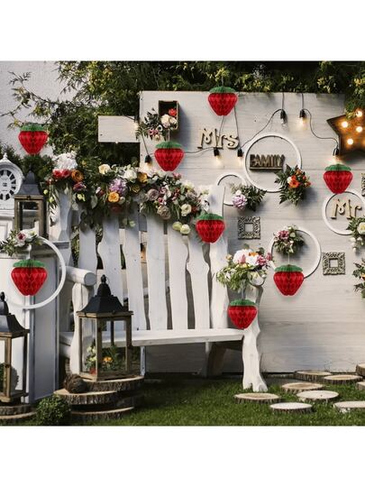 10 piezas de decoraciones de bolas de papel rojo con diseño de fresa finas para suministros de fiesta de cumpleaños, boda, decoración de fiesta de té, decoración de local de boda