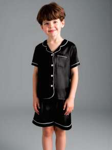 2pcs Tween Boy Black Lapel Neck Short Sleeve Single-Breasted Top & Shorts Casual Pajamas Set