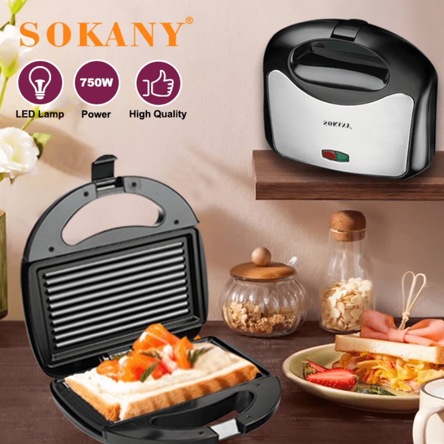 SOKANY 1 pièce de machine à sandwich triple en acier inoxydable à double face, machine multifonction pour petit-déjeuner, convient pour un usage domestique et extérieur, facile à nettoyer, 750W adapté pour un réchauffage rapide du petit-déjeuner, contrôle de température intelligent, de type poussoir, chauffage double face, multifonction convenant pour le pain, le fromage, les œufs, le steak