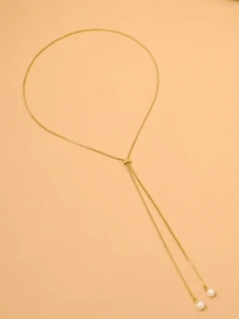 1pc 18K Gold Plated Stainless Steel Box Chain With White Faux Pearl Pendant, Adjustable Necklace, Fashionable And Sexy For Wedding, Engagement, Daily Wear - Gold - View 4