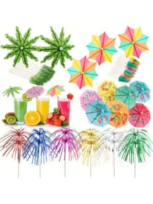 10/40-Piece Tropical Drink Decor Umbrella Set - Coconut Palm Trees & Rainbow Umbrellas, Firework Stirrers, Bamboo Skewers - Hawaiian-Style & Juice Party Decor, 4 Designs, Wood-Look Finish, No Power Required | Tropical Decor | Wood-Look Finish