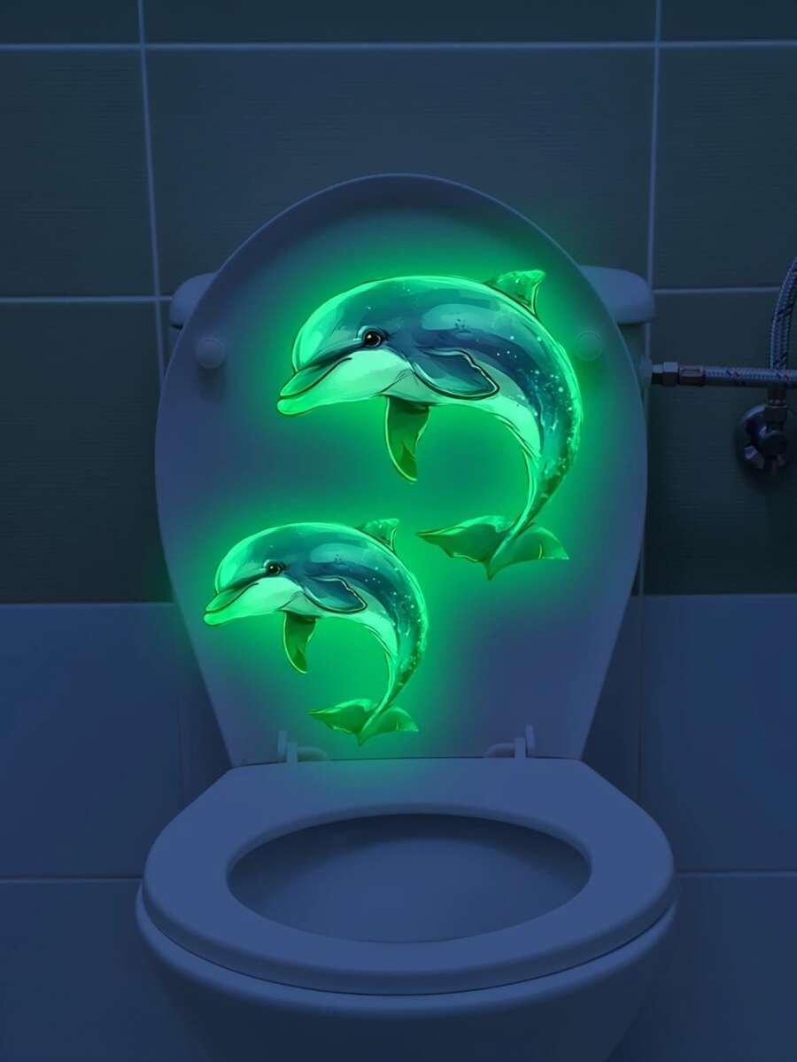 Autocollants de toilette phosphorescents en forme de dauphin - 20 x 30 cm, décoration de salle de bain en PVC, design fantaisiste de dauphins bleus et noirs adhésifs pour la maison, la salle de bain et la décoration des toilettes, autocollants et décalcomanies de toilette, accessoires de salle de bain pour l'automne