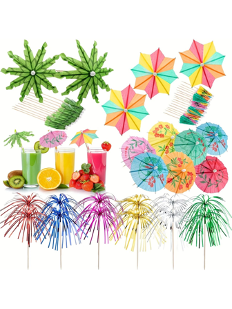 10/40-Piece Tropical Drink Decor Umbrella Set - Coconut Palm Trees & Rainbow Umbrellas, Firework Stirrers, Bamboo Skewers - Hawaiian-Style & Juice Party Decor, 4 Designs, Wood-Look Finish, No Power Required | Tropical Decor | Wood-Look Finish