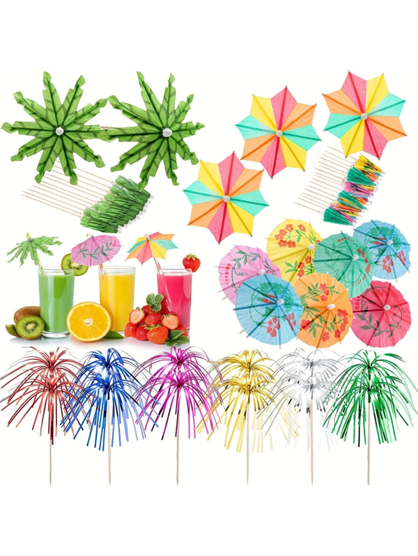 10/40 Piece Tropical Drink Umbrellas And Cocktail Sticks - Coconut Palm And Rainbow Umbrellas, Fireworks Stirrers, Bamboo Stringers - Hawaiian Cocktail And Juice Drink Party Decorations, 4 Styles, Faux Wood, No Need For A Power Supply, Cocktail Accessories |Tropical Style Garnishes |Faux Wood