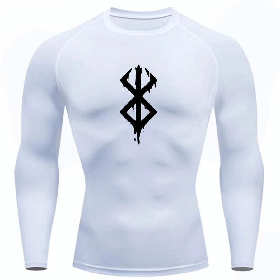 Compression Shirt UV Protection 50+ Printed Cold Fabric Second Skin Long Sleeve Berserkk Symbol Rash Guard - Trắng/Đen - Xem 1