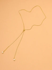 1pc 18K Gold Plated Stainless Steel Box Chain With White Faux Pearl Pendant, Adjustable Necklace, Fashionable And Sexy For Wedding, Engagement, Daily Wear - Gold - View 5