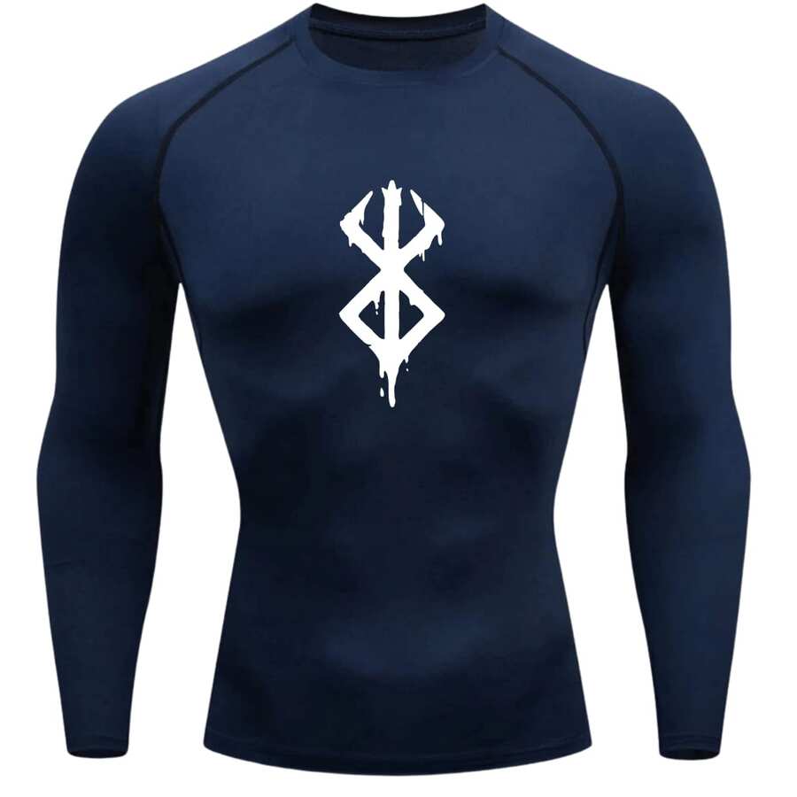 Compression Shirt UV Protection 50+ Printed Cold Fabric Second Skin Long Sleeve Berserkk Symbol Rash Guard - Xanh nước biển/Trắng - Xem 1