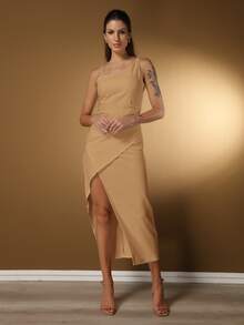 LXC Women's White One Shoulder Long Bridesmaid Dress With Side Slit - Khaki - View 1