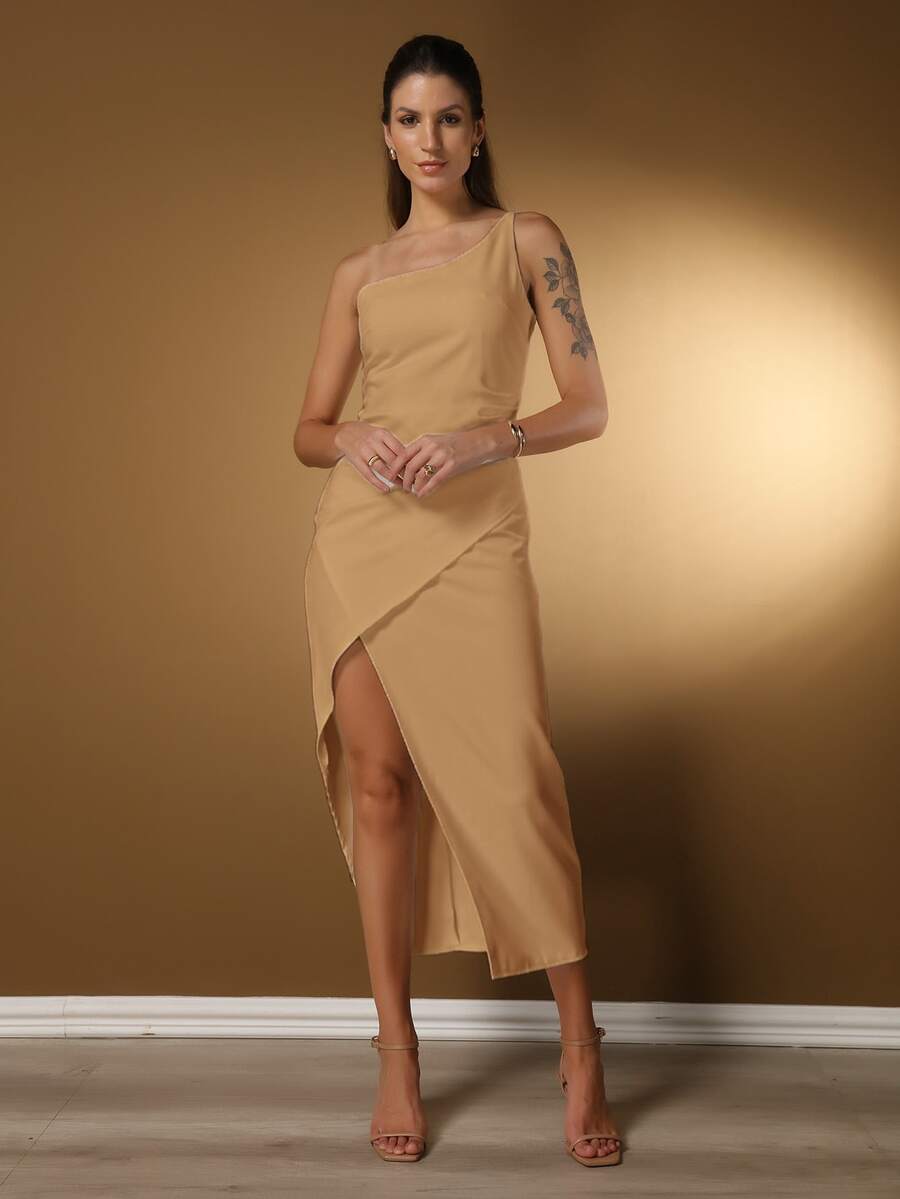 LXC Women's White One Shoulder Long Bridesmaid Dress With Side Slit - Khaki - View 1