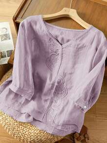 Women's Solid Color Embroidered Casual Shirt - Purple - View 3