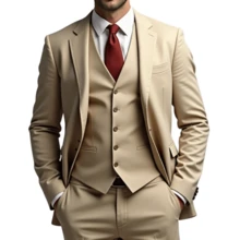 Men's 3-Piece Formal Set – Slim Suit With Integrated Vest - Beige - View 3