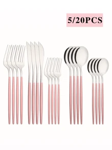5/20pcs Stainless Steel Cutlery Set With Pink Handles, Suitable For Home Kitchen, Dining, Party, Wedding