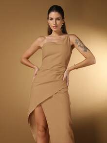 LXC Women's White One Shoulder Long Bridesmaid Dress With Side Slit - Khaki - View 4