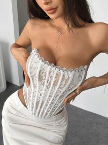 Elegante parte superior de corpiño con estampado floral y encaje con volantes en el borde, diseño de corsé ajustado con botones a presión