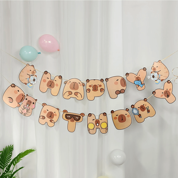 Schattige Capybara Happy Birthday Banner - Cartoon Feestdecoraties Met Speels Dierenontwerp, Papieren Trekvlag, Geschikt Voor Verjaardagsviering, Kamer- Of Ingangsdecoratie, Feest Decoratieve Verjaardagsbanner