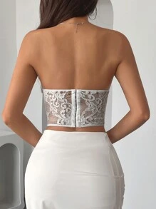 Elegante parte superior de corpiño con estampado floral y encaje con volantes en el borde, diseño de corsé ajustado con botones a presión